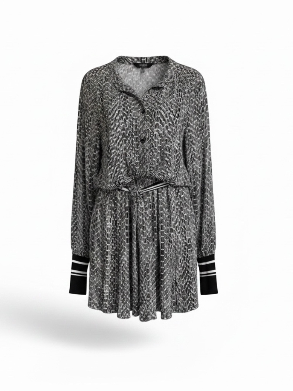 Reiss Laria Flippy Mini Dress -Black & White Printed Long-Sleeve Tie-Waist Dress - Picture 10 of 11